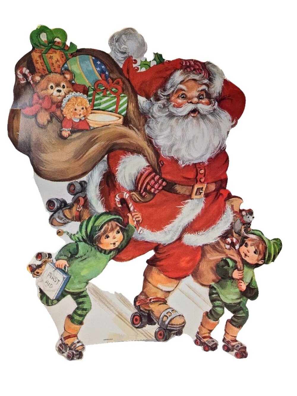 Santa Claus Die Cut Vintage Eureka Roller Skating Christmas Elves Gifts Toy Bag